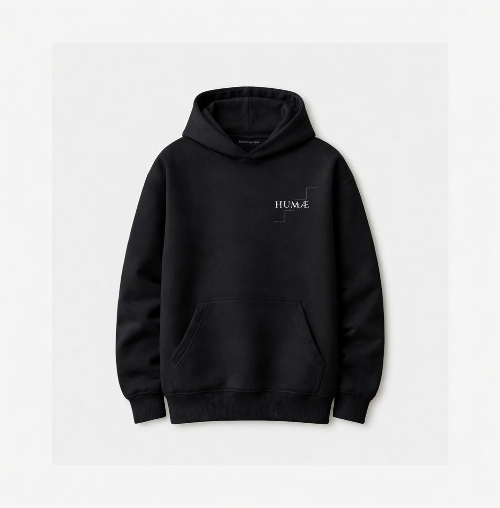 HUMÆ Founder H hoodie, deep black, oversized fit, 500 GSM premium cotton, made in Portugal