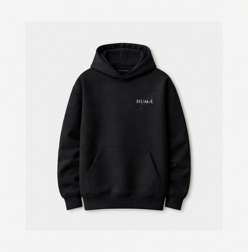 HUMÆ Founder H hoodie, deep black, oversized fit, 500 GSM premium cotton, made in Portugal