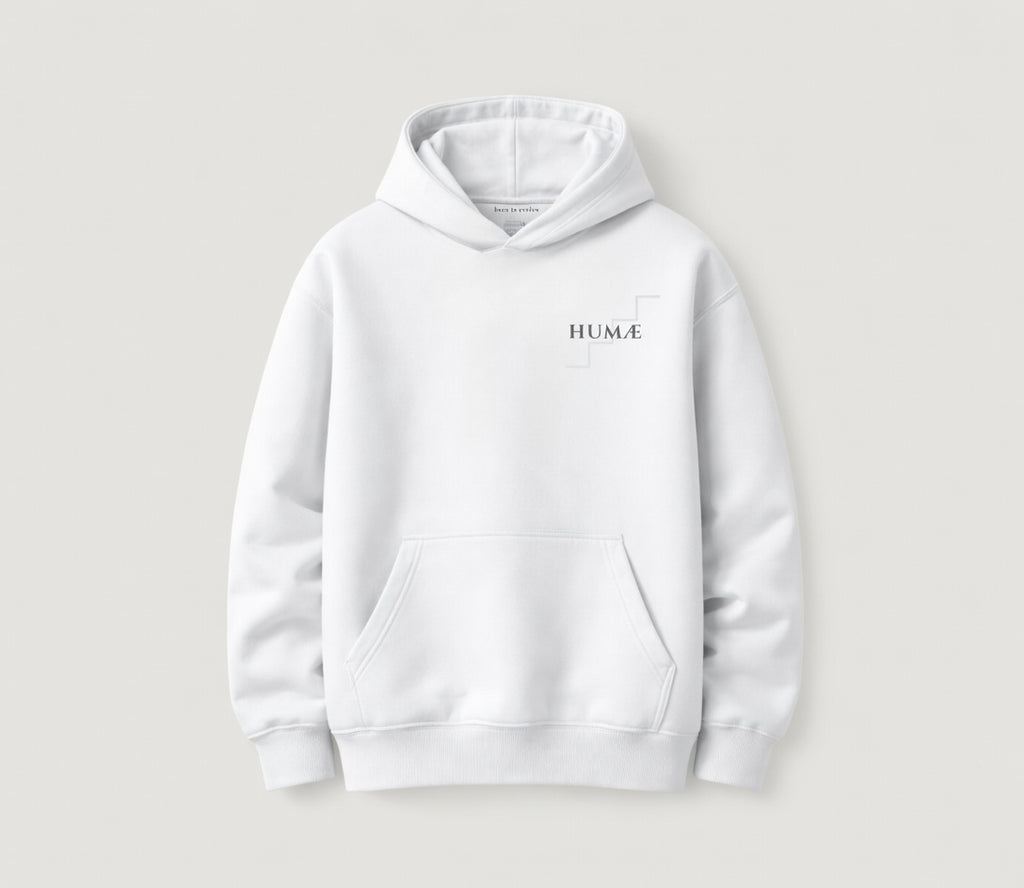 HUMÆ Founder H hoodie, optical white, oversized fit, 450 GSM premium cotton, made in Portugal