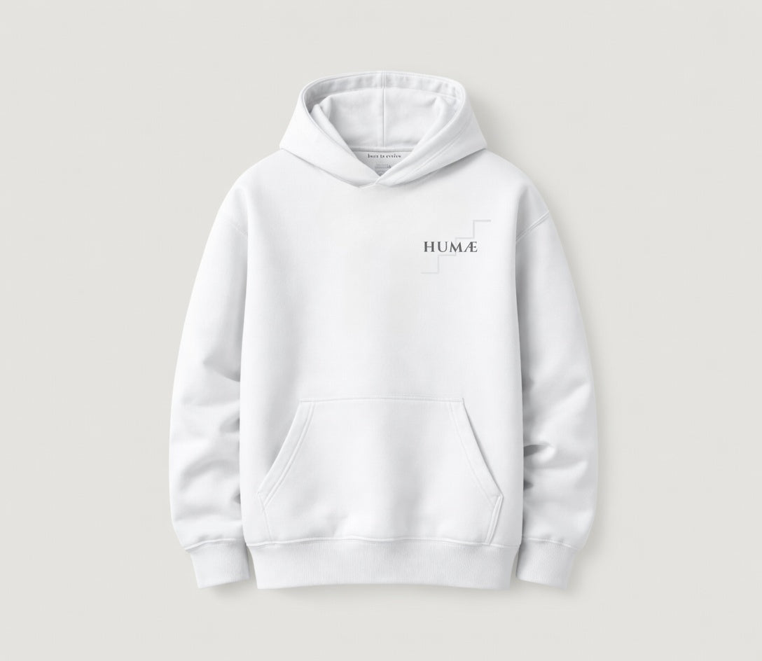 HUMÆ Founder H hoodie, optical white, oversized fit, 450 GSM premium cotton, made in Portugal