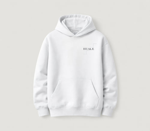 HUMÆ Founder H hoodie, optical white, oversized fit, 450 GSM premium cotton, made in Portugal